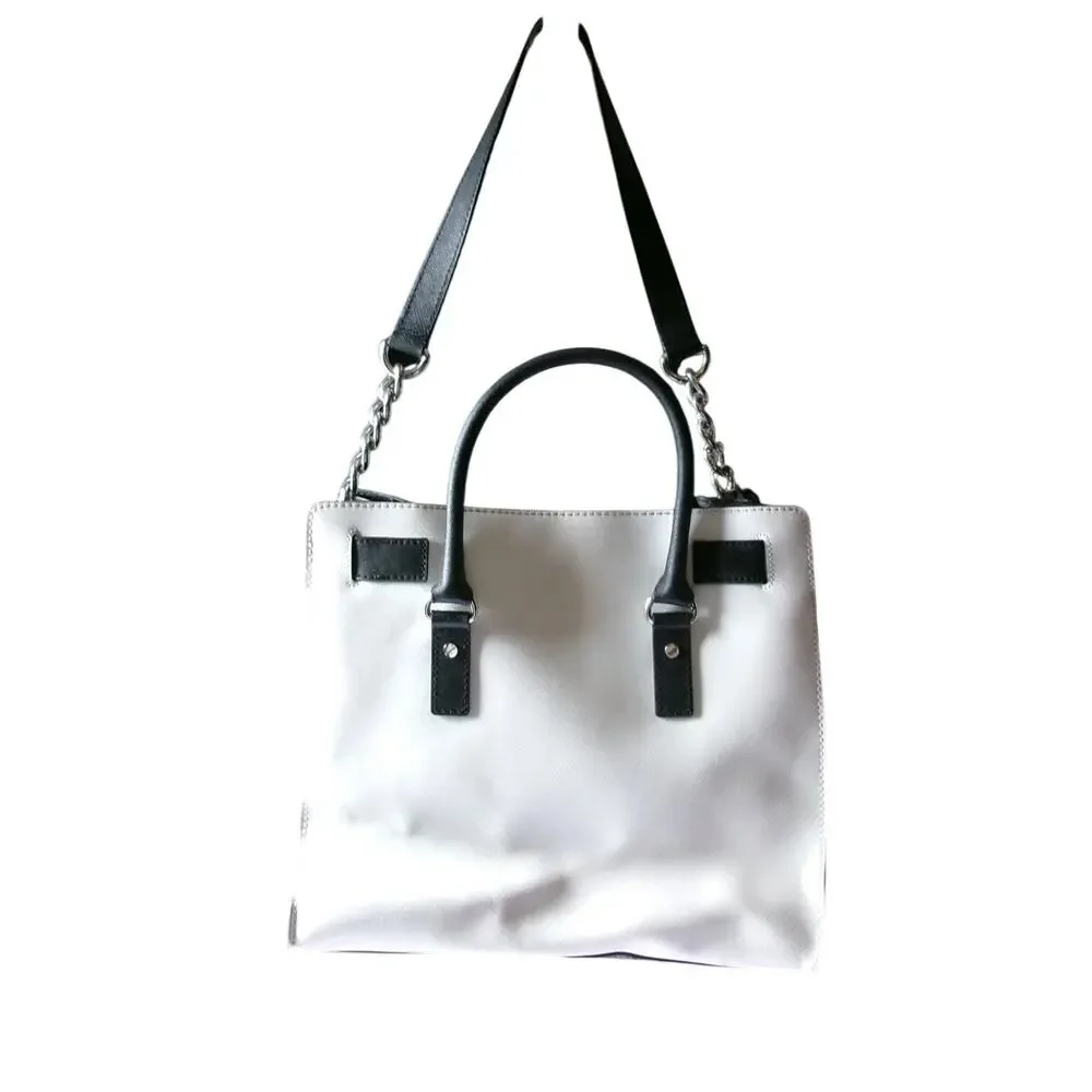 Michael Kors Hamilton Tote Bag Ivory Black Saffiano Chain Shoulder Satchel